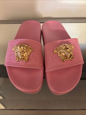 Versace Rose Pink Medusa Logo Slide Sandals